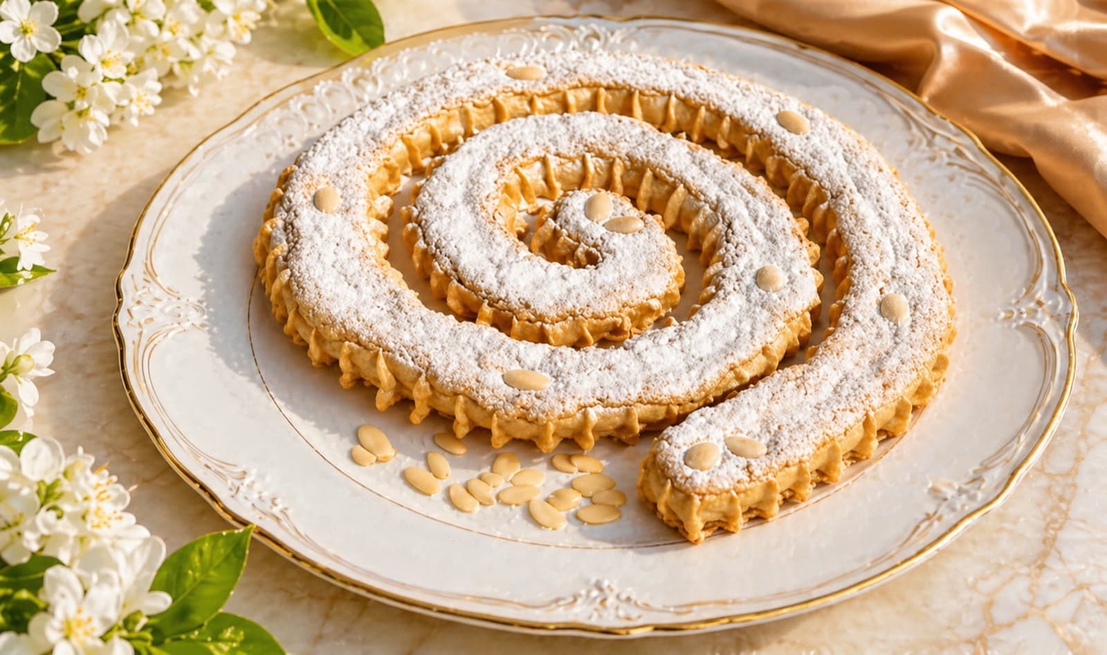 Traditional Rab cake in its almond-edged spiral form on a cream plate, soft daylight.